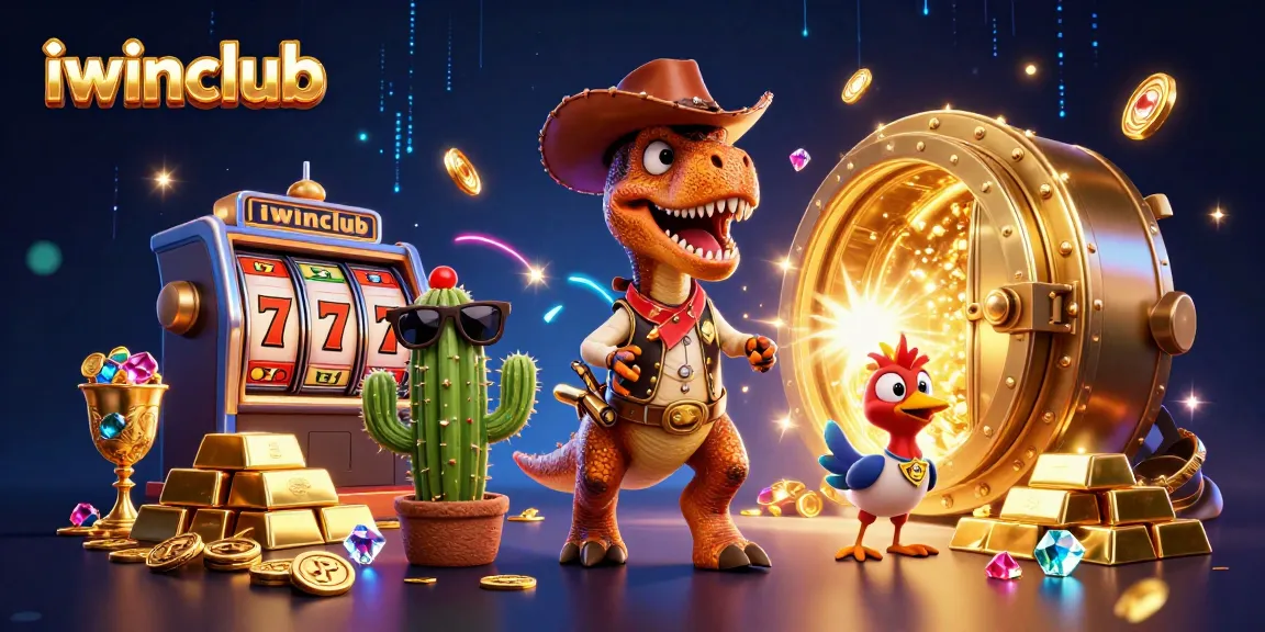 Exciting iwinclub casino scene with a T-Rex, cactus, and roadrunner among slot reels and treasure.