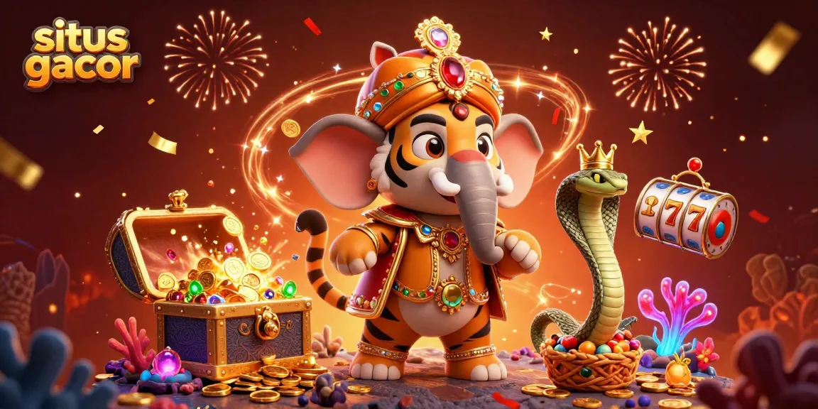 Engage with the exciting situs gacor atmosphere featuring 3D maharaja tiger, jewel elephant, and dynamic casino elements.