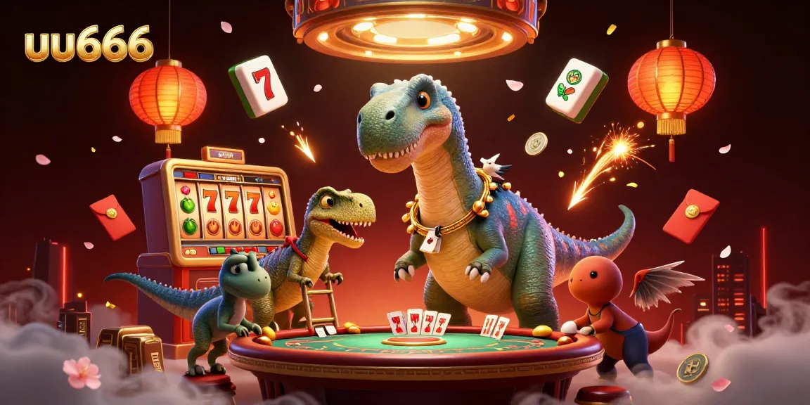 Engage with the thrilling experience of uu666 as a giant brontosaurus oversees a vibrant casino game scene.
