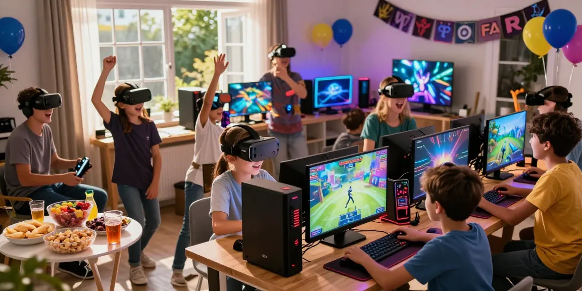Kids enjoying top gaming parties with VR headsets and consoles in an energetic home setting.