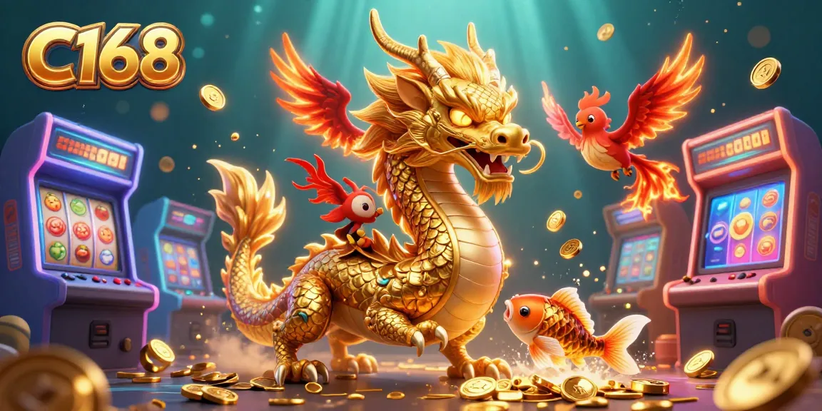 C168 casino illustration featuring a fierce dragon, phoenix, and koi fish among colorful arcade elements.