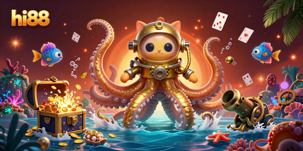 Engage with hi88's immersive casino experience featuring a kraken and diving cat amidst treasure-filled depths.