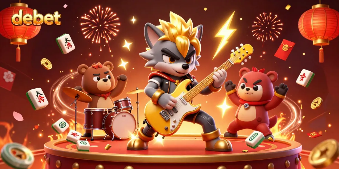 Experience the excitement of debet at a lively casino with a rock star wolf and vibrant elements.