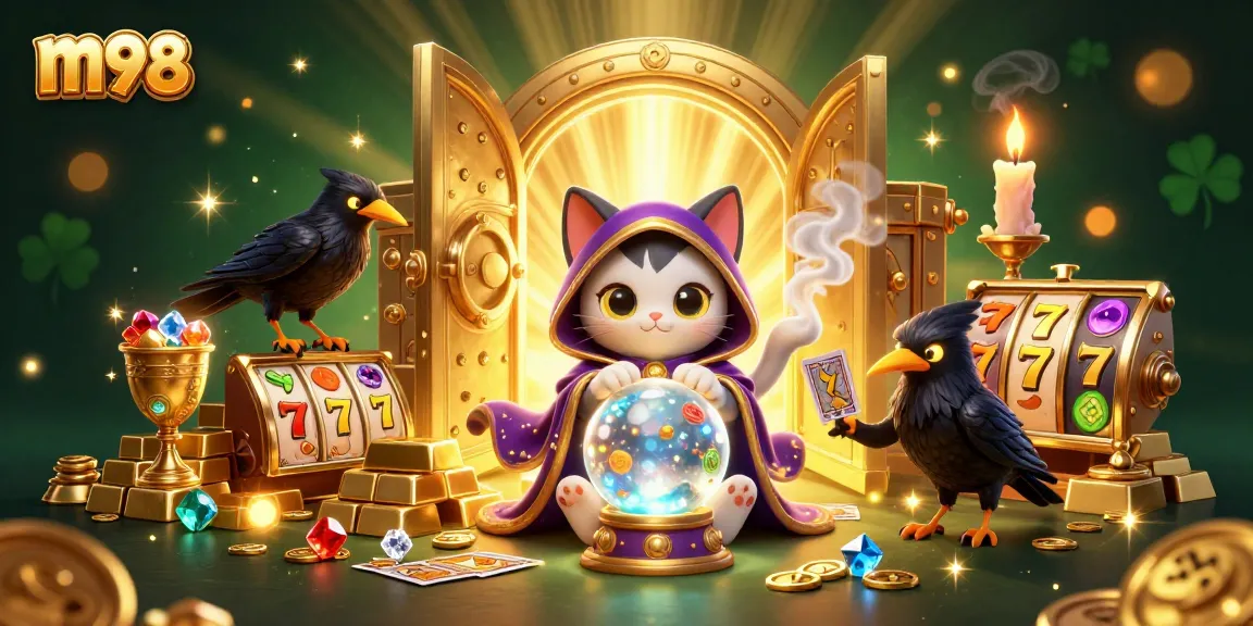 Engage with m98's exciting slots as a fortune-teller cat and raven unveil treasures in a vibrant, immersive scene.