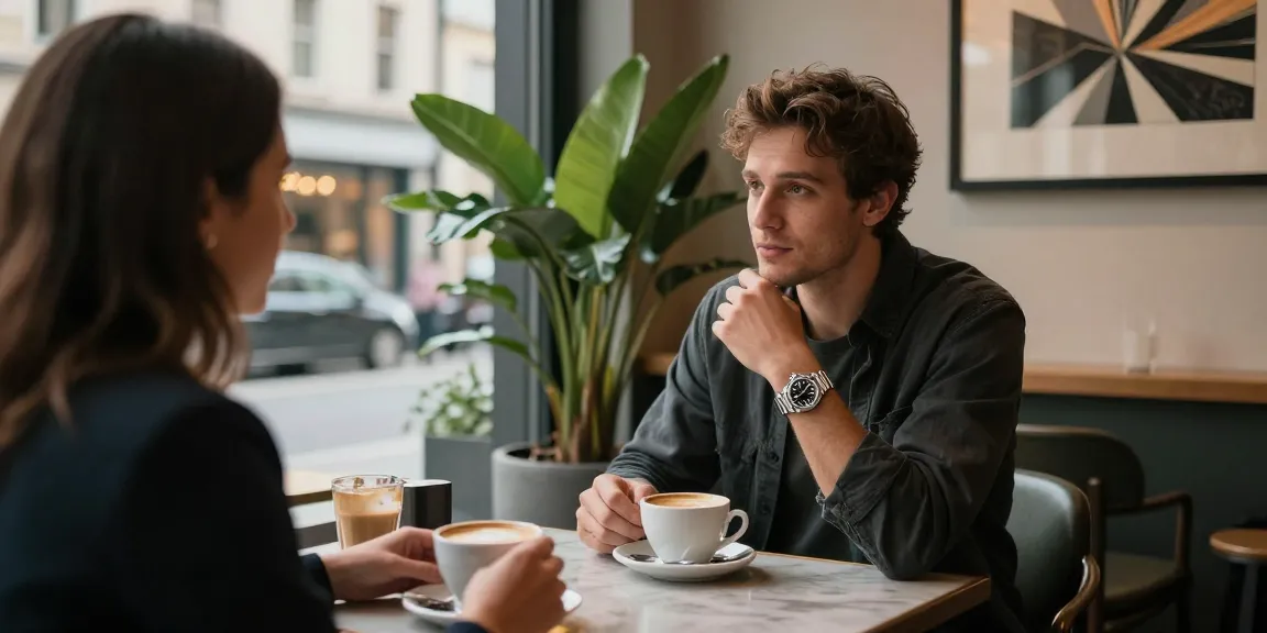 Person enjoying coffee in café showcasing a rolex replica watch in an elegant lifestyle setting.