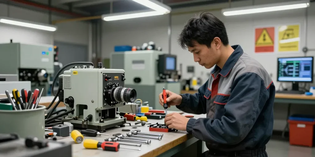 Technician using stahlwille tools to repair machinery in a bright industrial workshop.