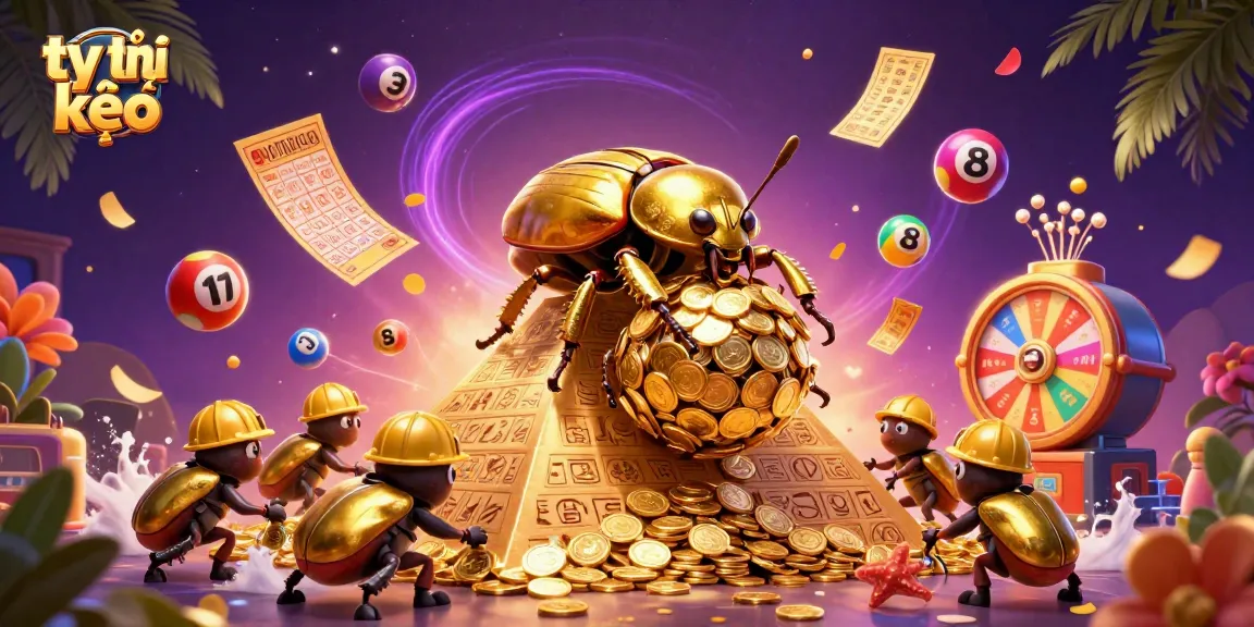 Experience thrilling tỷ lệ kèo excitement as golden beetles roll coins through a vibrant casino scene.