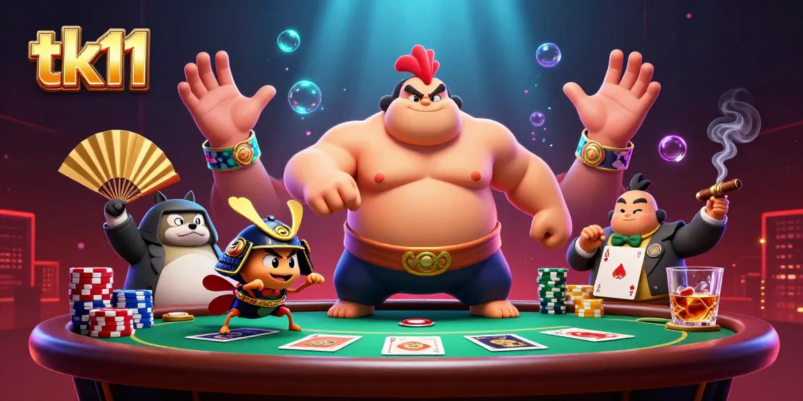 Engage in thrilling online games with tk11, featuring a powerful sumo wrestler and colorful poker elements.