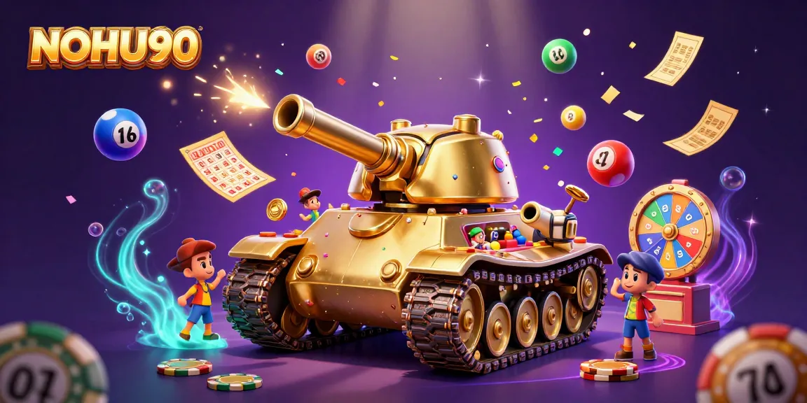 Experience the excitement of NOHU90 with a gold beetle casino tank raining confetti and lottery balls.