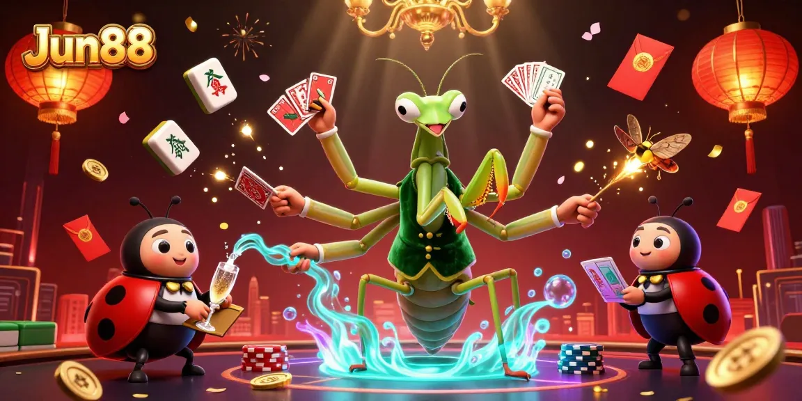 Jun88 online casino vibrant scene with card sharp and pit boss in a festive atmosphere