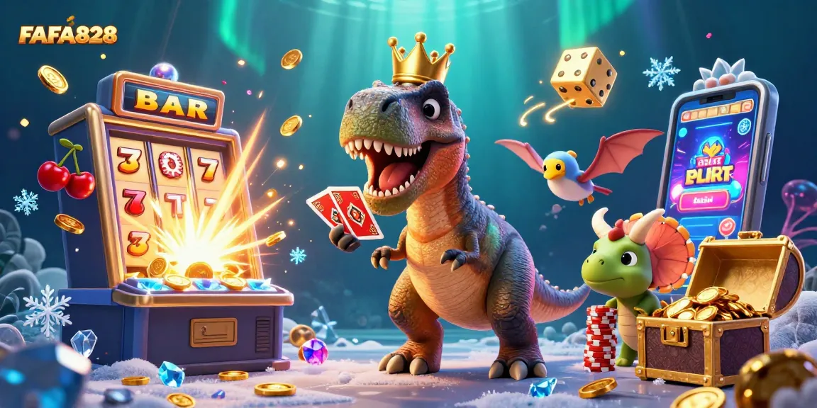 FAFA828 showcases a fun casino scene with a T-Rex dealing cards beside golden chips and a slot machine.