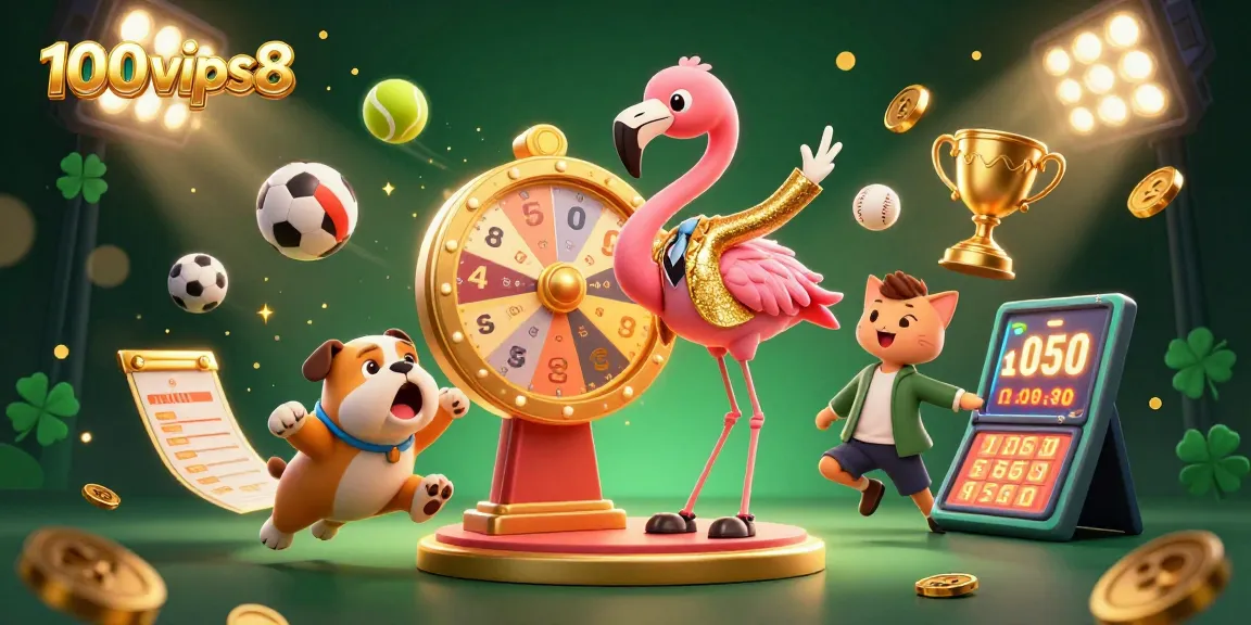 Experience exciting wins at 100vips8 with dynamic characters and rich casino elements in this vibrant illustration.