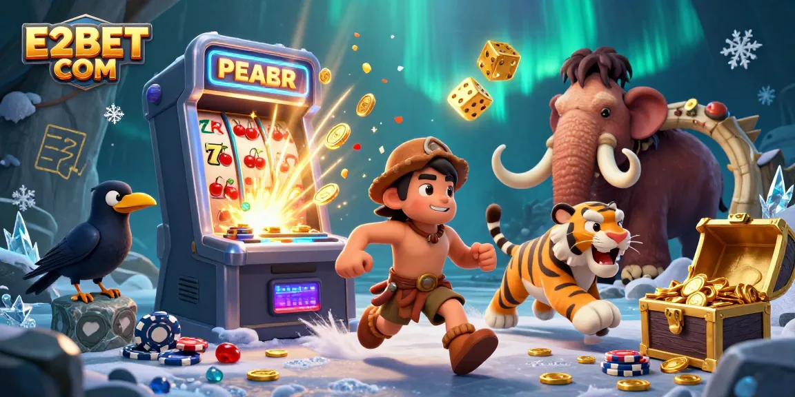 Experience thrilling wins at E2BET COM in a vibrant prehistoric casino scene with captivating characters.