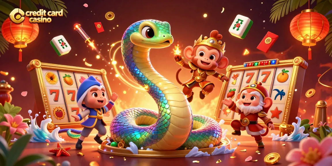 Experience excitement at a credit card casino with dynamic slot reels and colorful characters.